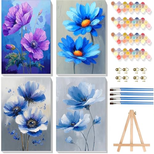4 Pack Paint by Numbers for Adults with Framed Canvas - with Wooden Easel, Easy Flower Paint by Number for Beginners, Flowers Acrylic Oil Painting on Canvas with Brushes for Home Wall Decor 8x12 inch - color: BKH1842+BKH1843+BKH1844+BKH1845