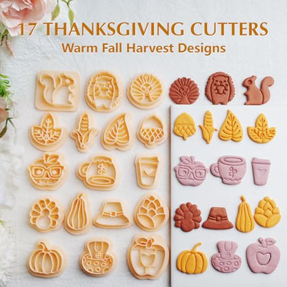 70 Pcs Fall Winter Polymer Clay Cutters, Halloween Thanksgiving Christmas | Pumpkin, Ghost, Turkey, Snowflake & Gingerbread Shapes, 0.4mm Sharp Edge, Clean Cuts, Less Sanding, Storage Box