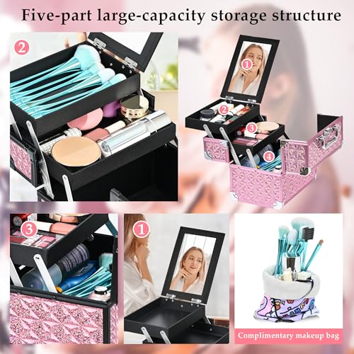 Makeup Case Organizer,Makeup Train Case, Trays Cosmetic Box Portable, Profesional for Salon Barber,Pink - color: Pink