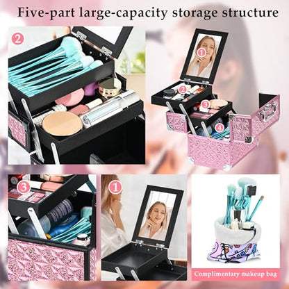 Makeup Case Organizer,Makeup Train Case, Trays Cosmetic Box Portable, Profesional for Salon Barber,Pink - color: Pink