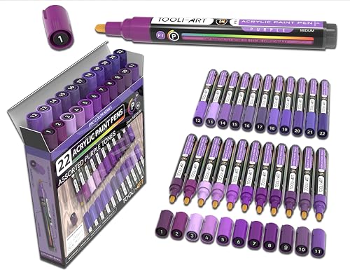 TOOLI-ART 22 Acrylic Paint Markers Paint Pens Pro Color Series Set 3mm Medium Tip for Rock Painting, Glass, Mugs, Wood, Metal, Glass Paint, Canvas, DIY. Non Toxic, Waterbased, Quick Drying (PURPLE) - color: PURPLE