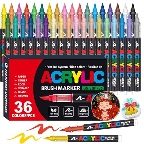 Amamao 36 Colors Acrylic Paint Markers, Soft Brush Tip Pens and Markers, Acrylic Paint Pens for Wood, Stone, Canvas, Glass, Fabric, Egg, Rock Painting and DIY Crafts Art Supplies - style: 36 BOX