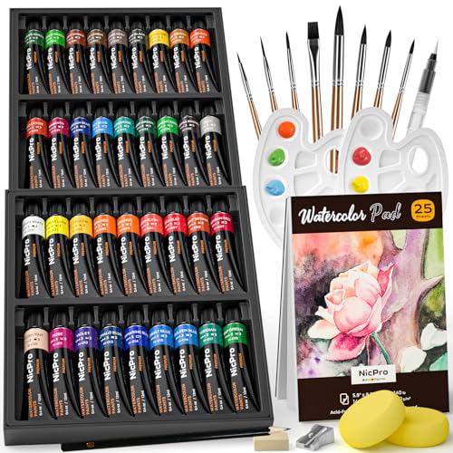 Nicpro Watercolor Paint Set for Adults,Beginner & Artists, 36 Tubes Water Color Paint Set with 25 Watercolor Paper Book, 8 Squirrel Paint Brushes, Palettes, Color Wheel, Water Color Painting Supplies - color: 36 Colors