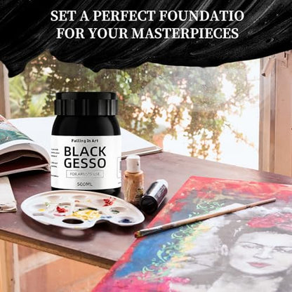 Falling in Art Black Gesso Primer for Acrylic Painting, 16.9Oz Non-Toxic Canvas Primer Gesso Surface Prep Medium - color: Black