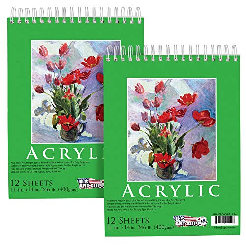 U.S. Art Supply 11x14 Premium Heavy-Weight Acrylic Painting Paper Pad, 246lb (400gsm), 2 Pack, 12 Sheets, Spiral Bound, for Acrylic Paint