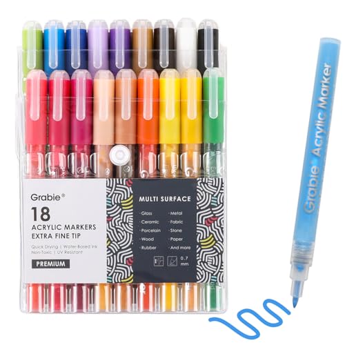 Grabie Acrylic Paint Pens Markers, 18 Colors, 0.7 mm, Extra Fine Tip Drawing Markers, Premium Paint Pens for Painting on Various Surface, Art Supplies - color: 18 Colors Acrylic Markers
