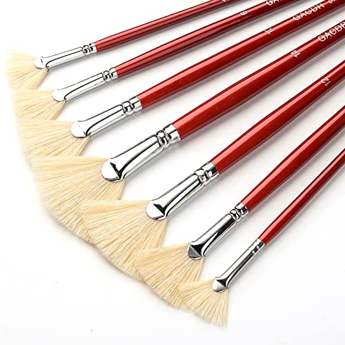 GACDR Fan Brush for Painting, 7 Pieces Fan Brush Set with Hog Bristle Natural Hair and Long Wood Handle, Professional Artist Fan Brushes for Acrylic Painting,Oil Watercolor Painting