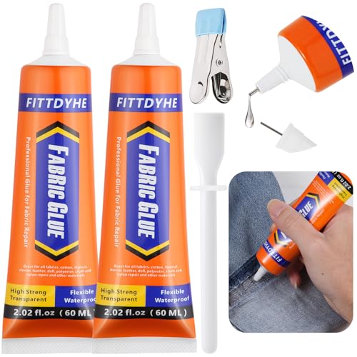 2 Pack Fabric Glue Permanent, 60ML/2.02oz Washable Clear Clothing Glue, Super Fabric Adhesive for Rhinestones, Patches, Clothes, Denim, Leather, Polyester, Fabrics, Doll Repair, Flannel, Cotton - size: 2 count