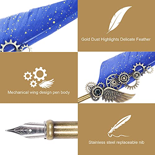 NC Feather Pen Ink Set, Quill Pen Includes 5 Bottles of Ink and 6 Replaceable Nibs, Mechanical Quill Pen for Writing, Letters, Diary, Signing, Invitations (Navy Blue) - color: Blue