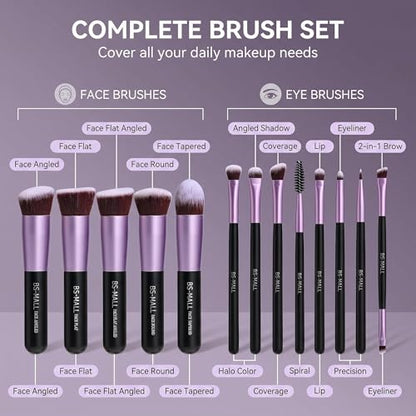 BS-MALL Makeup Brushes Premium Synthetic Foundation Powder Concealers Eye Shadows 14 Pcs Purple for Makeup Beginner or Professional with Travel Case - color: Purple