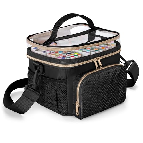 Rexmica Marker Organizer Case for 100 Markers, Small Marker Storage Organizer Bag with Divider and Shoulder Strap, Marker Travel Carrying Case with 3 Pockets, Black (Patented Design) - color: Black