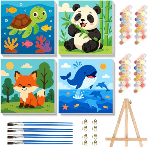 Arttoplus 4 Pack Paint by Numbers Kit for Kids with Frame,Cute Animals Kids Paint by Numbers Ages 4-6-8 with Wooden Easel,Easy DIY Acrylic Oil Painting by Number for Gift Home Wall Decor(8x8 inch) - color: BKH1619+BKH1620+BKH1621+BKH1622