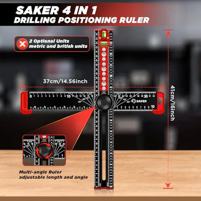 Saker 4-in-1 Drilling Positioning Ruler, Adjustable 13.78in Multifunctional T Square Ruler, Cabinet Hardware Jig, Marking Gauge Tools for Woodworking, Cabinet Drawer Door Hole Drilling Template - size: 13.78inch T Square Ruler