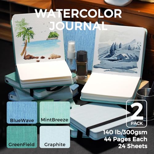 Funto Hot Press Watercolor Journal 2 Pack, 4.7”x4.7” 48 Sheets Total, 100% Cotton Smooth Paper 300gsm/140lb, Acid-Free Sketchbook Set for Artists & Illustration - color: Light Blue