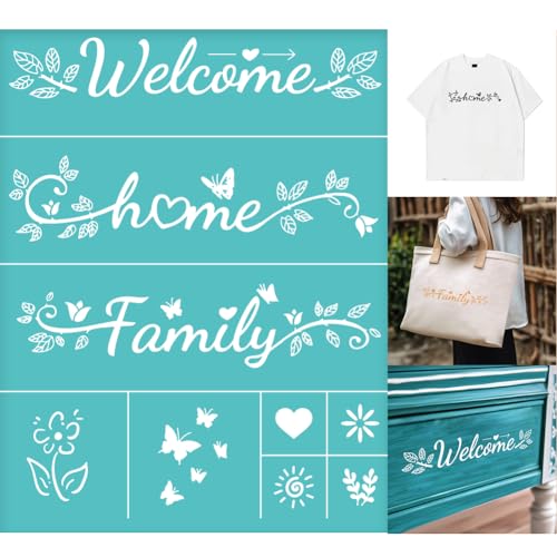 2 Sheets Welcome Home Family Silkscreen Stencil, Lettering Painting Stencils Templates Flower Butterfly Reusable Self-Adhesive Silk Screen Printing for Wall Border Wood Fabric Home Decor - style: Welcome Home Family