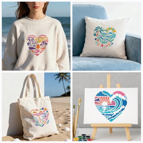 6 Sheets Love Beach Stencils for Painting, 6 Styles Palm Tree Shell Sunset Waves Wall Stencil Template Reusable Summer Coast Theme Stencils for Painting on Wall Wood Home Decor - style: Love Beach