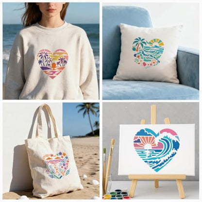 6 Sheets Love Beach Stencils for Painting, 6 Styles Palm Tree Shell Sunset Waves Wall Stencil Template Reusable Summer Coast Theme Stencils for Painting on Wall Wood Home Decor - style: Love Beach
