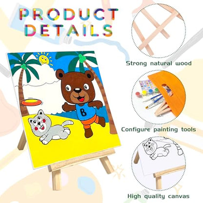 SytuHete 48PCS 12 Sets Printed Canvas Paint Art 12 Pcs Wooden Easel Set Paint Pots and Brushes and 12 Pre Drawn Canvas Panel 12 Pcs Mini Apron and Tote Bag for Kids(Classic) - style: Classic