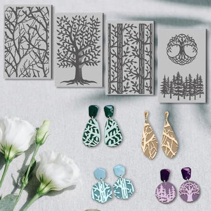 4 Pcs Tree Texture Pattern Polymer Clay Texture Sheet Rubber Clay Texture Mat for Polymer Clays Making Earrings Jewelry DIY Crafts, 4 × 2.5 Inch - style: Tree