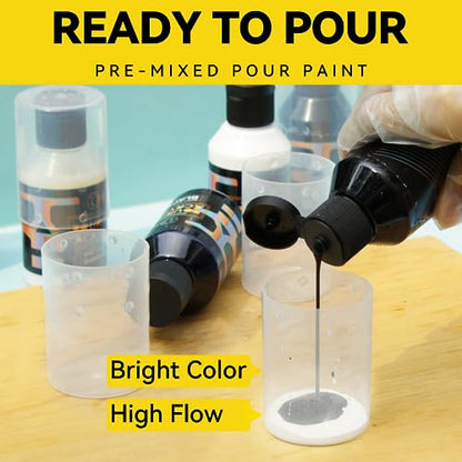 OPHIR Total 22.8OZ Acrylic Pour Paint Set, 3 Black and 3 White Premixed Acrylic Pouring Paint Supplies for Canvas, Rocks, Wood, Glass, Paper, Crafts, Water Based Ready to Pour White or Black Paints - color: 3 Black & 3 White Set