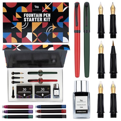 Wordsworth and Black Fountain Pen Set - Green - Includes 2 Pens, 18 ML Ink Bottle, 60 Ink Cartridges, A Refill Converter, 1 Medium and 4 Broad Nibs, Brush Pen - Fountain Pen Kit for Beginners - color: Red and Green