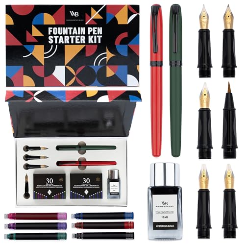 Wordsworth and Black Fountain Pen Set - Green - Includes 2 Pens, 18 ML Ink Bottle, 60 Ink Cartridges, A Refill Converter, 1 Medium and 4 Broad Nibs, Brush Pen - Fountain Pen Kit for Beginners - color: Red and Green