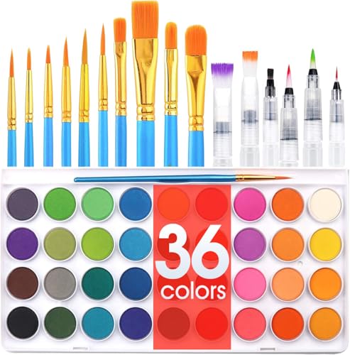 AROIC 36 Colors Watercolor Paint Set, Watercolor Pan Set with 10 Nylon Brushes and 6 Refillable Water Brushes. Perfect for Adults and Beginner Artists - color: 36 watercolor+16 brush