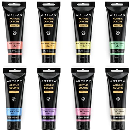 ARTEZA Pastel Acrylic Paint, Set of 8, Metallic Tones, 4.06 fl oz Tubes, High Viscosity Water-Based Paint, Glossy Finish, Art Supplies for Painting Paper, Canvas, Wood and Fabric, and DIY Projects - style: 8 x 120ml (4.06 fl oz) Pastel