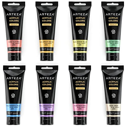 ARTEZA Pastel Acrylic Paint, Set of 8, Metallic Tones, 4.06 fl oz Tubes, High Viscosity Water-Based Paint, Glossy Finish, Art Supplies for Painting Paper, Canvas, Wood and Fabric, and DIY Projects - style: 8 x 120ml (4.06 fl oz) Pastel