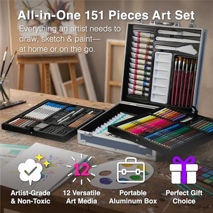 COLOUR BLOCK 151-Piece Professional Art Supply Set with Mixed Media, Paint Kit & Brushes in Aluminum Case, Complete Art Supplies for Adults, All Level Artists, Travel Art Set