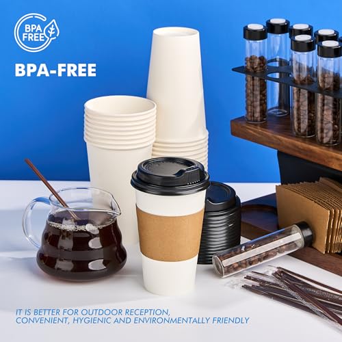 RACETOP 16 oz 100 Pack Disposable Paper Coffee Cups with Lids, Sleeves and Stirrers, Hot Cups, Paper Cups with Lids, Sleeves and Stirrers, Ideal for Home/Office - size: 16 oz