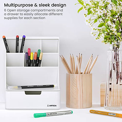 ARTEZA Desktop Pen and Marker Organizer, 6-Compartment White Pen Holder for Desk with Stationery Drawer, Makeup Organizer - style: 6-Compartment White