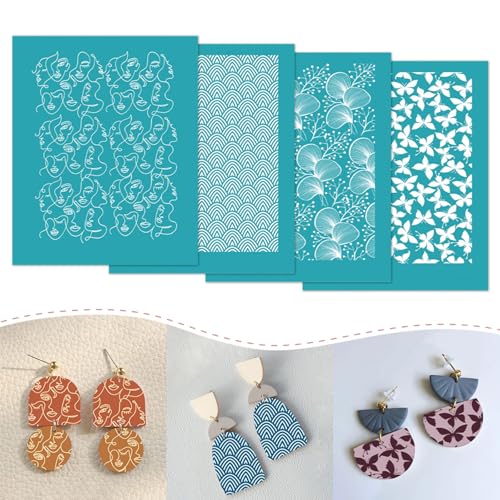 Briartw 4 Pattern Clay Silk Screen Stencil Set for Polymer Clay –Faces & Waves Design DIY Craft Templates (4.13x3.35 Inch / 10.5x8.5 cm) –for Polymer Jewelry,Earrings,Sculpting & Decorative Art - color: Faces & Waves Design Stencils