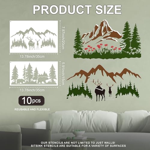 Sitsink Forest Stencils for Painting on Wood - Reusable Reindeer Mountain Scenery Stencils for Crafts Decorating Wall Fence Door Garden Fabric - style: forest