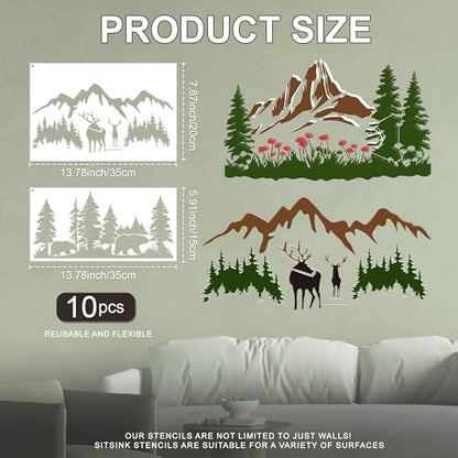 Sitsink Forest Stencils for Painting on Wood - Reusable Reindeer Mountain Scenery Stencils for Crafts Decorating Wall Fence Door Garden Fabric - style: forest