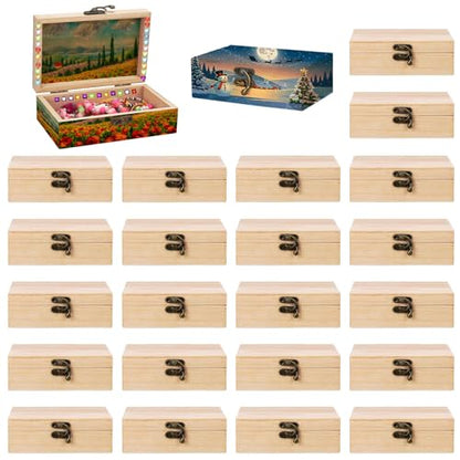 Hoemwarm 24 Pack Unfinished Wooden Box DIY Treasure Box | Treasure Chest With Hinged Lid 6 x 4 x 2 Inch, DIY Craft Keepsake for Kids, Gift, Home Decor