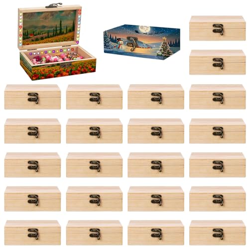 Hoemwarm 24 Pack Unfinished Wooden Box DIY Treasure Box | Treasure Chest With Hinged Lid 6 x 4 x 2 Inch, DIY Craft Keepsake for Kids, Gift, Home Decor