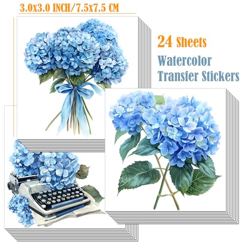 ZMRU 24 Sheets of Watercolor Style Rub on Transfers for Crafts - Perfect for Glass, Porcelain, Leather, Canvas, and Fabric Projects - IOD Transfers Included,3 * 3inch (Blue Hydrangea) - style: Blue Hydrangea
