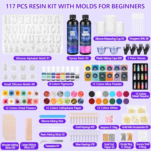 KISREL Epoxy Resin kit -18oz Clear Epoxy Resin with Silicone Alphabet Resin molds and Jewelry Making Kits, 2 Part Epoxy and Hardener for Casting Coating, Keychains, DIY Craft Decorations - size: Alphabet Molds and 8 Mini Molds