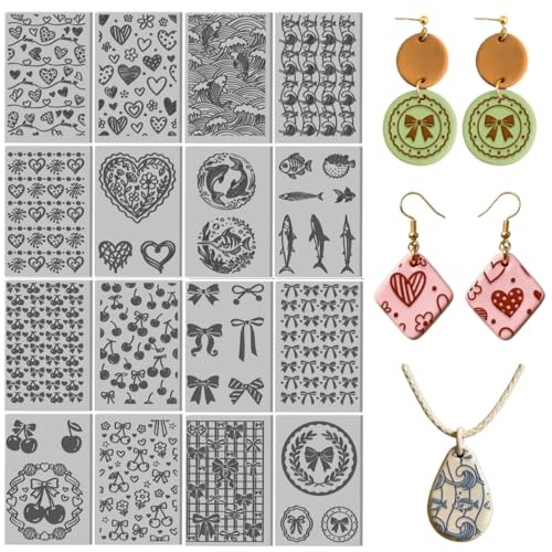 16 Sheets 16 Styles Mixed Textures Polymer Clay Texture Mat Bows Clay Modeling Pattern Pad Waves Texture Sheets for Making Earrings Jewerly Tools, 4×2.6 inch - style: Bow Pattern