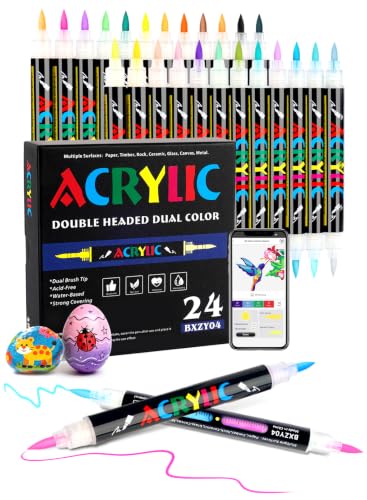 Brled 48 Colors Acrylic Paint Markers 24 Dual-Color Brush Tips Paint Pens | Automatic Ink Control, Dedicated APP, Two Colors Per Pen, Water-based, Multi-surface, Non-toxic and Safe, Gift Idea - color: 48 Colors 24 Pack