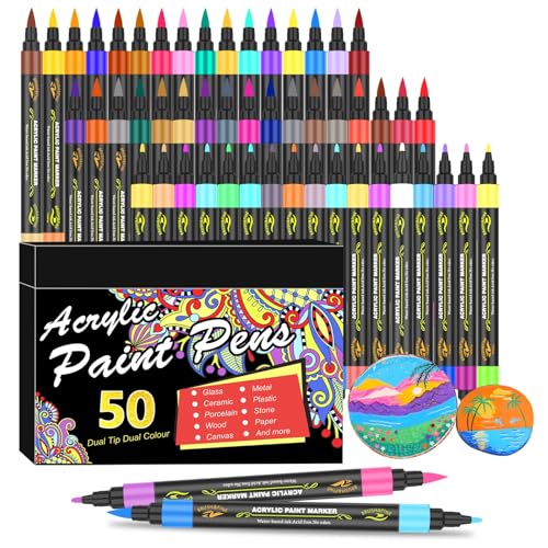 Amamao 100 Colors Acrylic Paint Markers Pens Set,50 Pack Dual Tip Acrylic Paint Markers with Brush Tip and Fine Tip for Rock Painting Fabric Plastic Wood Canvas Stone Glass Paper DIY Craft Supplies