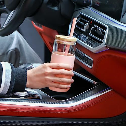 VITEVER 20 OZ Glass Cups with Bamboo Lids and Straws - Beer Can Drinking Glasses with Silicone Protective Sleeve Set, Iced Coffee Glasses, Cute Tumbler Cup for Water, Tea, Gift - Pink, Amber - color: Amber Pink