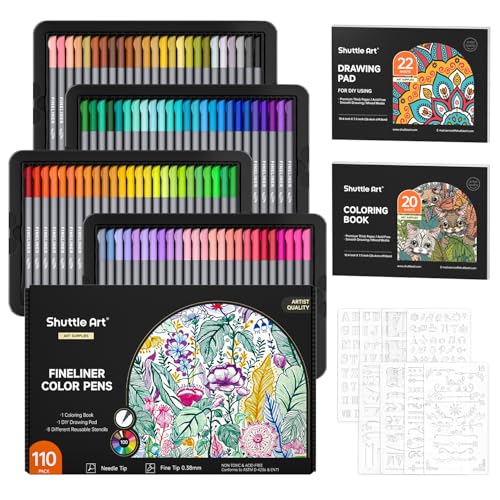 Shuttle Art Fineliner Colored Pens, 100 Colors 0.38mm Fine Point Pens with Stencils & Adult Coloring Books for Coloring, Drawing, Detailing, Writing Note Taking Calendar and Journal Art Projects - color: 100 Colors with Stencils