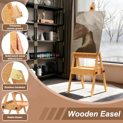 Large Beech Wood H-Frame Easel, Painting Easel for Adults with Storage Box and Palette, Multi-Function Studio Easel, Professional Foldable Artist Easel Stand for Painting, Holds Canvas Art up to 36" - color: Natural