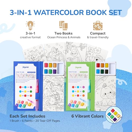 JoyCat 2 Pack Pocket Paint with Water Coloring Books for Kids, Art & Craft Activity Toy Set, Creative Travel & Home Painting Kit, Gifts for Girls & Boys Ages 3-8 (Ocean Princess & Animals) - style: 2 Pack - Ocean Princess & Animals