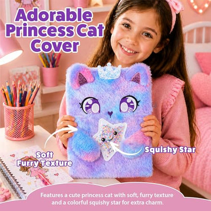 VOTUM Cat Princess Furry Sketchbook for Girls, 8x11 Plush Notebook with Crown & Star Charm, Soft Fluffy Journal & Diary for Drawing, Writing, Birthday, Christmas for Girls - color: Cat Princess