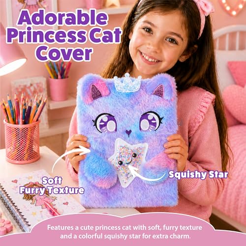 VOTUM Cat Princess Furry Sketchbook for Girls, 8x11 Plush Notebook with Crown & Star Charm, Soft Fluffy Journal & Diary for Drawing, Writing, Birthday, Christmas for Girls - color: Cat Princess