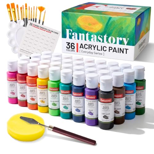 Fantastory Acrylic Paint Set, 36 Colors (2oz/60ml) with 16-Piece Kit (12 Brushes, Color Chart, Palette, Scraper, Sponge) – Includes 3 Metallic Colors. Non-toxic & waterproof paint for wood, pumpkin, rock, canvas, clay. Great for artists, DIY crafts & 3D p