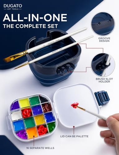 16-Well Airtight Gouache Palette Box with Lid & Foldable Water Cup, Blue | Compact Travel Design, Refillable Paint Storage Suitable for Watercolor & Acrylic - color: Blue